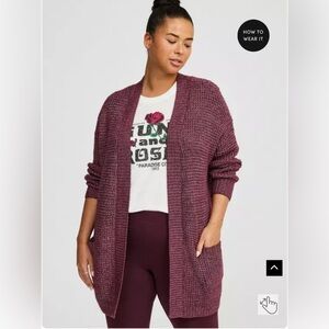 Waffle knit drop shoulder open cardigan size 3 22/24 burgundy mauve winter